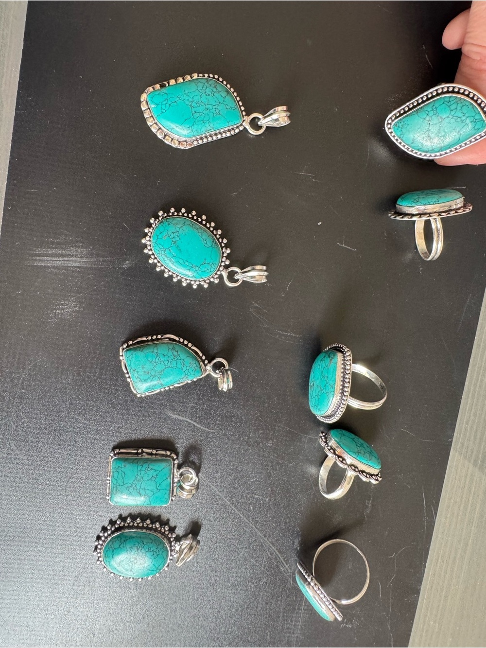 Sterling Silver Turquoise Pendant and Ring Set - Blue Green Stones